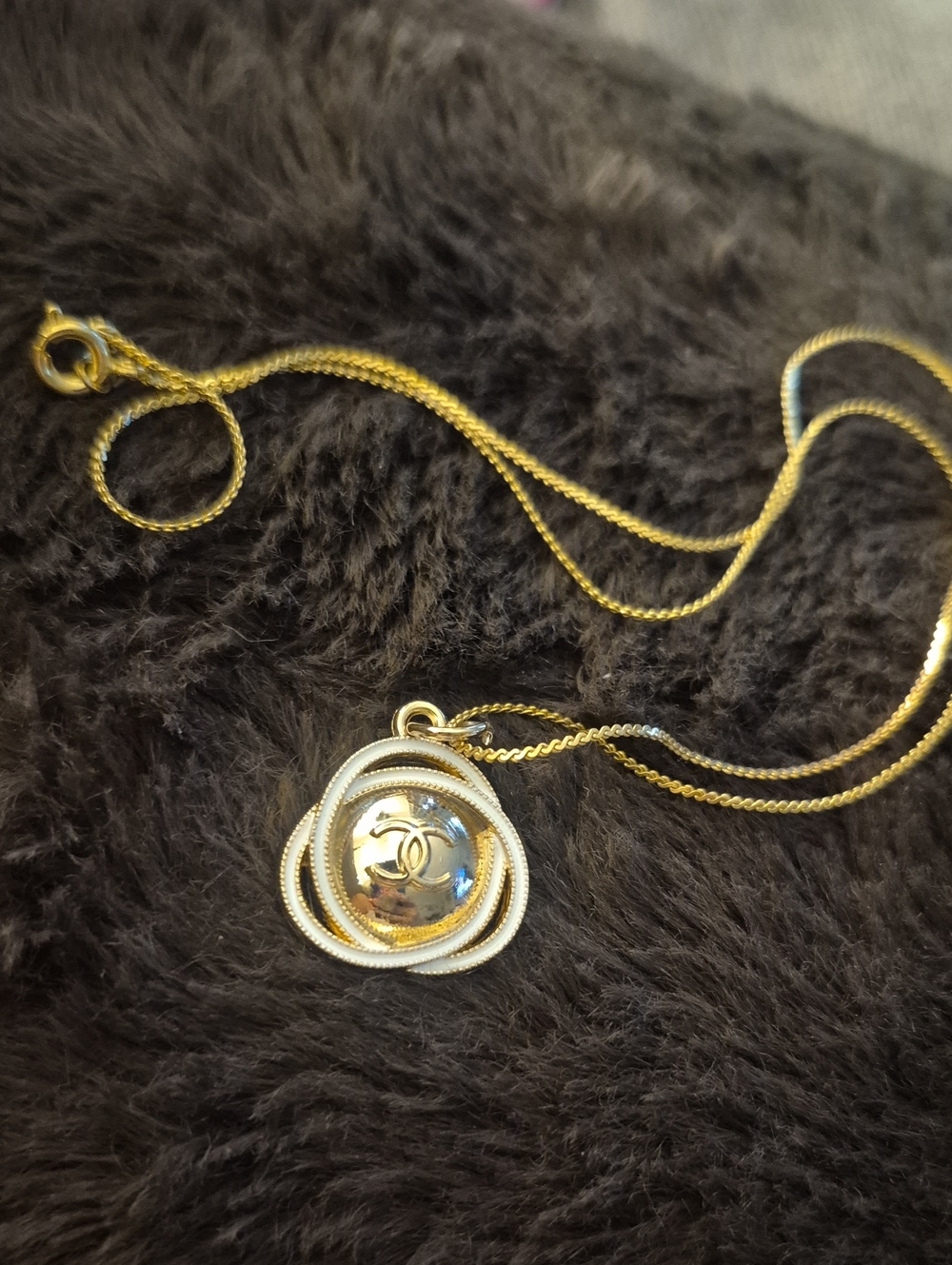 CC Stamped gold and White Pendant Necklace